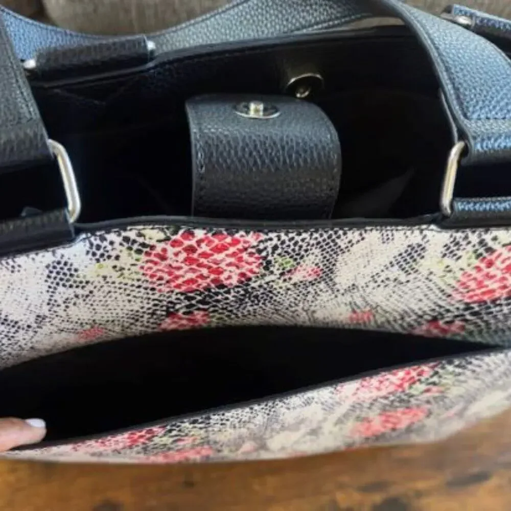 Tahari Vegan Leather Floral Snake Print Tote Bag 16” NWT Black Shoulder Work Bag